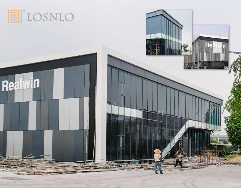 樓上樓高端門窗-江門某不銹鋼公司玻璃、鋁板幕墻工程案例